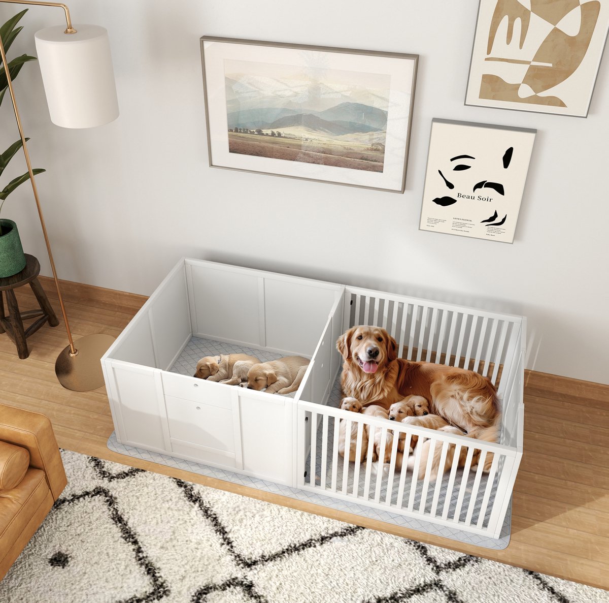 MODENUIT Puppyren – 166 x 80 x 50 cm – Verstelbare Deur – MDF – Wit – 2 Ruimtes – Met Waterdichte Mat