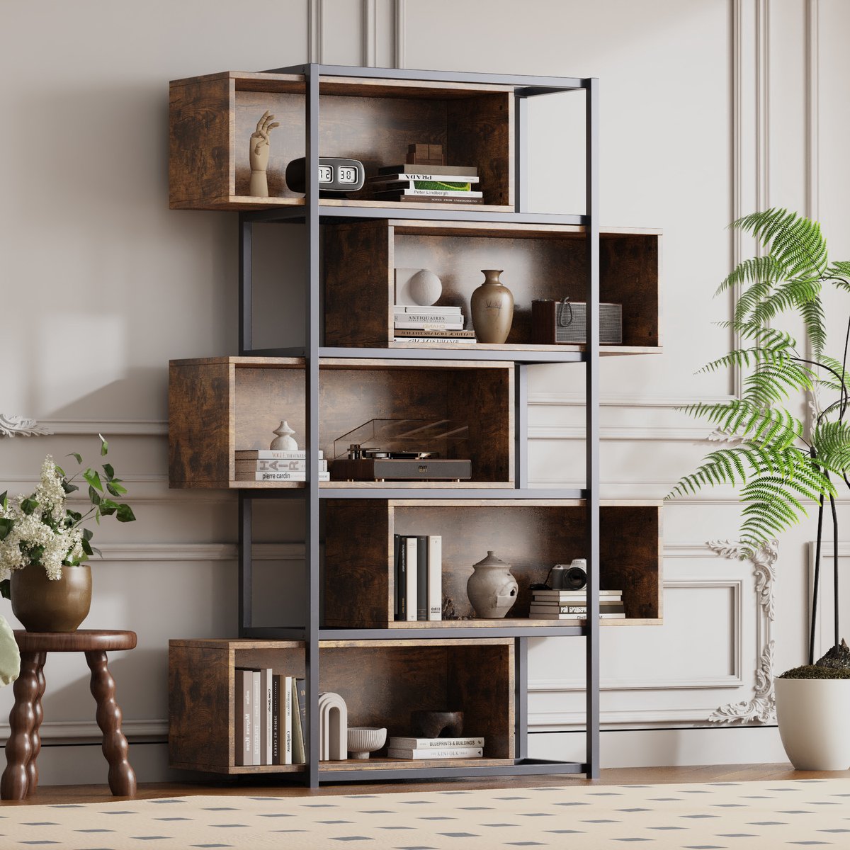 STILVORA Boekenkast – 121 x 35 x 176 cm – 5 Etages Met Open Vakken – MDF en Staal – Zwart en Bruin – Voor Woonkamer en Studeerkamer