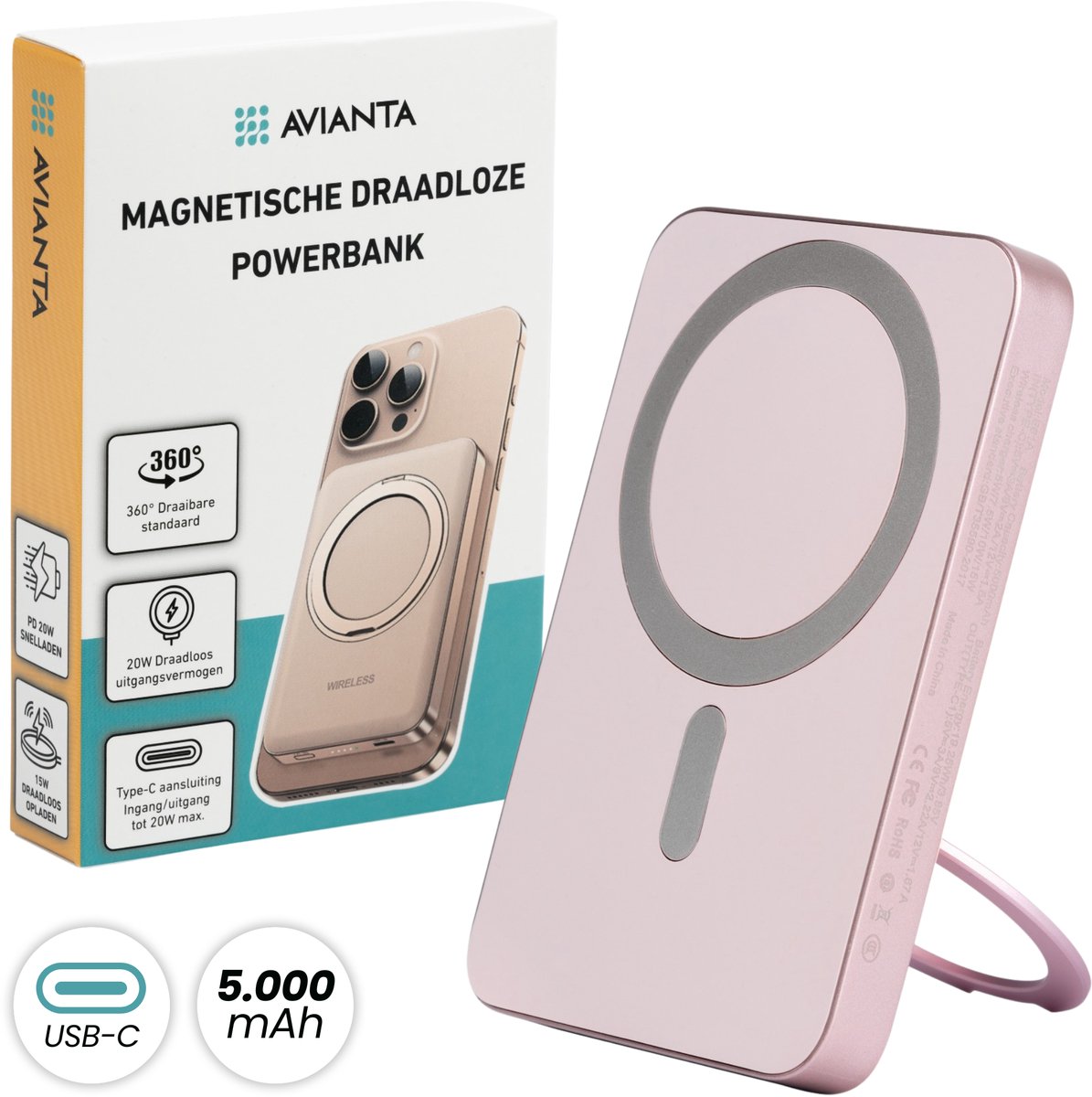 Avianta Magnetische Powerbank 5.000 mAh - Geschikt voor MagSafe - Draadloze Snellader 15W - Met Ringstandaard - Compatibel met iPhone & Android - Compact - Noodpakket - Roze