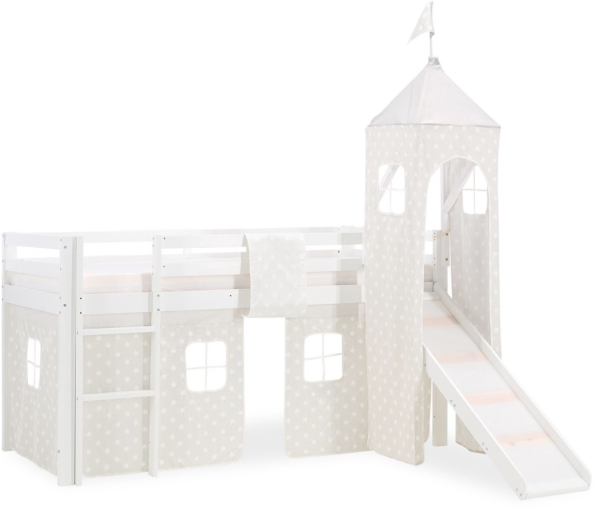 Homestyle4u Hoogslaper - 90x200 cm - met Glijbaan - Toren - Gordijn - grijs Ster Wit