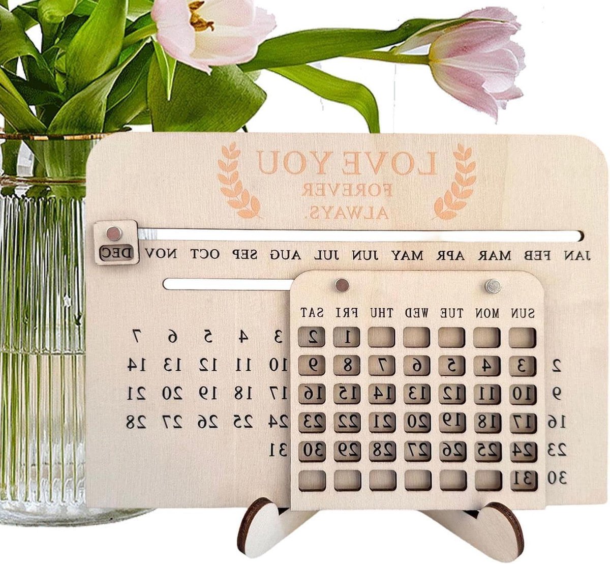 Houten Kalender - Eeuwigdurende Kalender - Bureau Decoratie - Handgemaakt Rustiek Design - 20 x 18 cm - Natuurlijk Hout