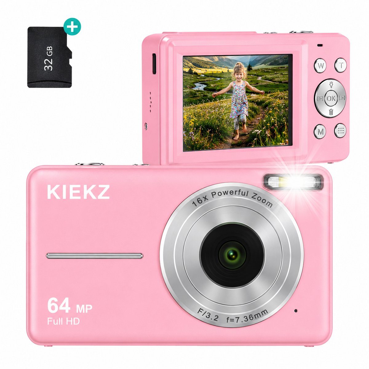 Kiekz Digitale Camera 64MP - Fotocamera Full HD - Mini Camera - Compact Camera - Fototoestel - Autofocus - Ideaal voor Kinderen en Beginners - Inclusief 32GB SD Kaart - Roze