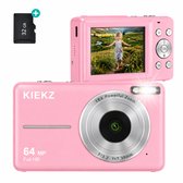 Roze KIEKZ digitale camera met 64MP en Full HD. Voorkant met lens en flitser, achterkant met scherm waarop een kind te zien is.