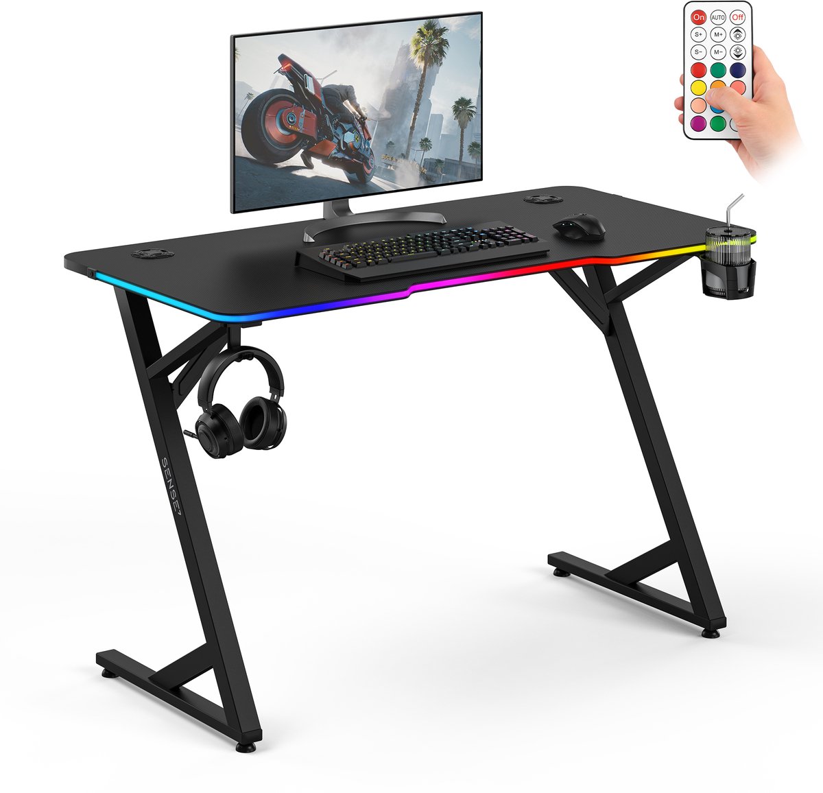 SENSE7 VOLT - Gaming Bureau - 120x60cm - RGB LED & Afstandsbediening - Computertafel - Zwart Carbon