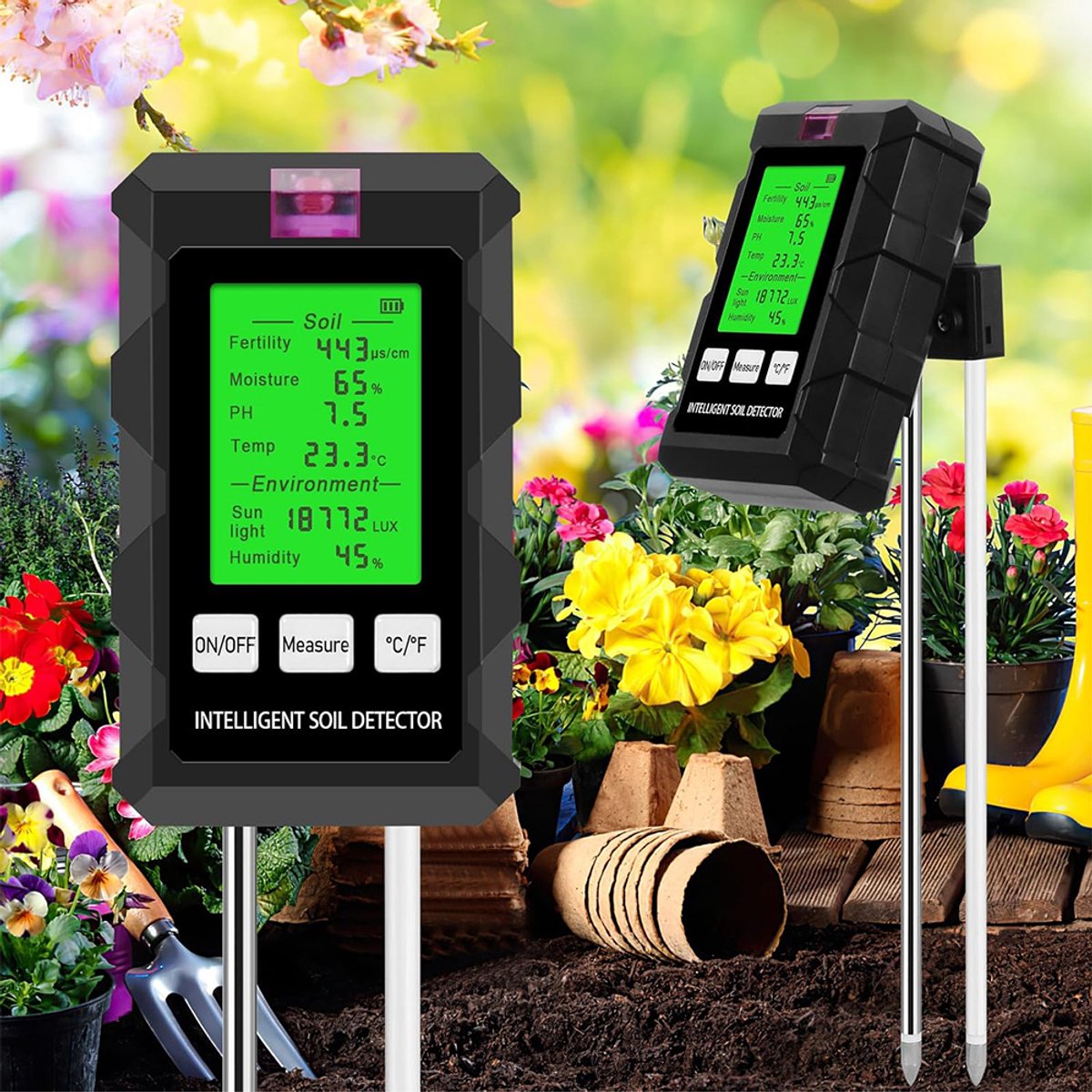 6-in-1 Bodemmeter - Grondtester - Vocht pH Temperatuur & Lichtmeter - Vochtmeters - Groot LCD-scherm & Nauwkeurige Meting - Metaalsonde - Draagbaar - Voor Tuin, Moestuin & Kas
