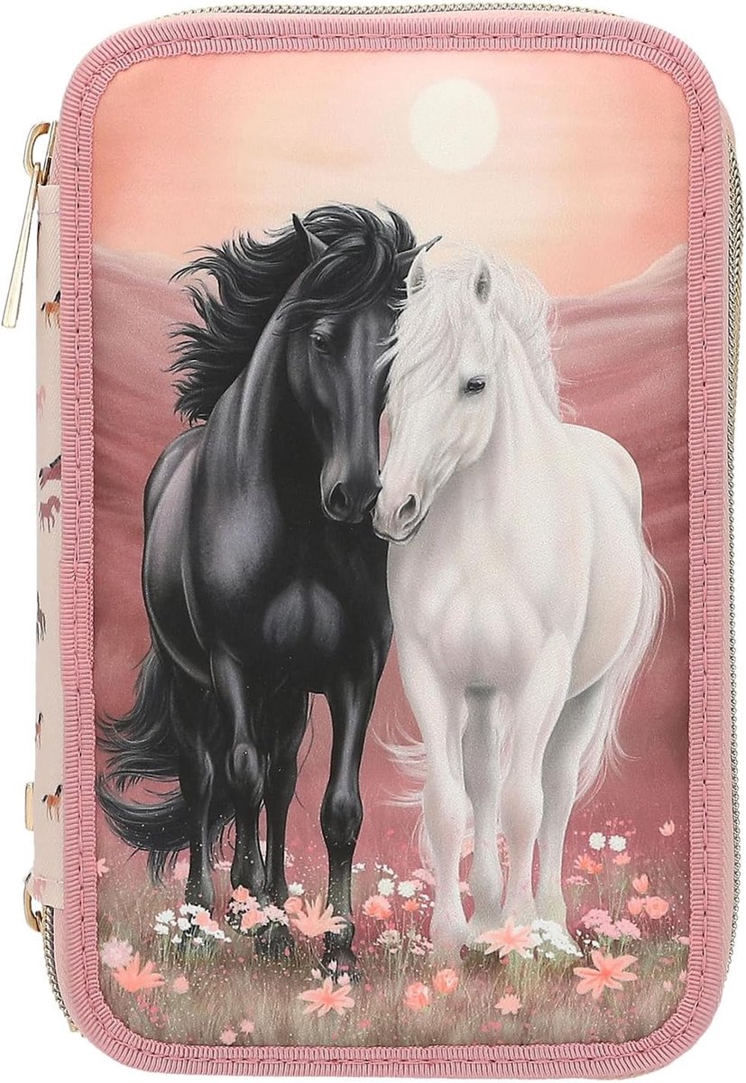 SnelShoppen - Gevulde 3-vaks etui in roze met paardenmotief - inclusief kleurpotloden, schaar, liniaal en meer - perfect voor school en creatief gebru