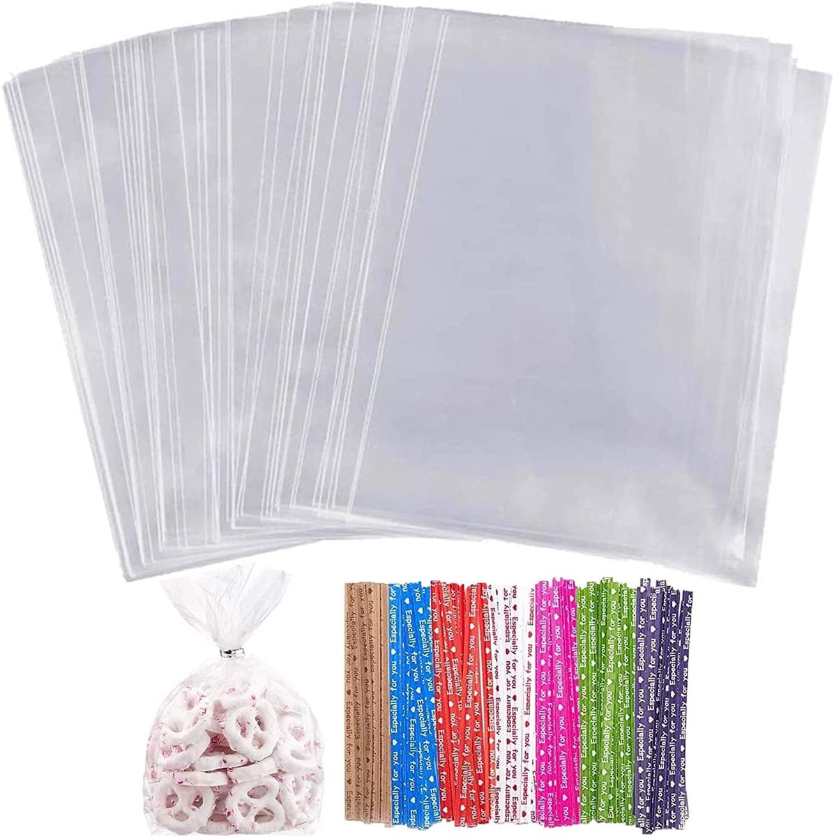 Thijox - Cellofaanzakjes Transparant 18 x 30 cm - Snoepzakjes - OPP Cadeauzakjes - 100 Stuks met Geschenkstrikjes - Perfect voor Kinderverjaardagen en