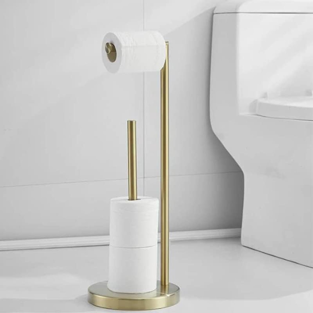 SnelShoppen - Vrijstaande Toiletrolhouder - Opvouwbare Papierhouder - Roestvrijstalen Toiletrolstandaard - Gouden Afwerking - Voor 5 Papierrollen - Ba