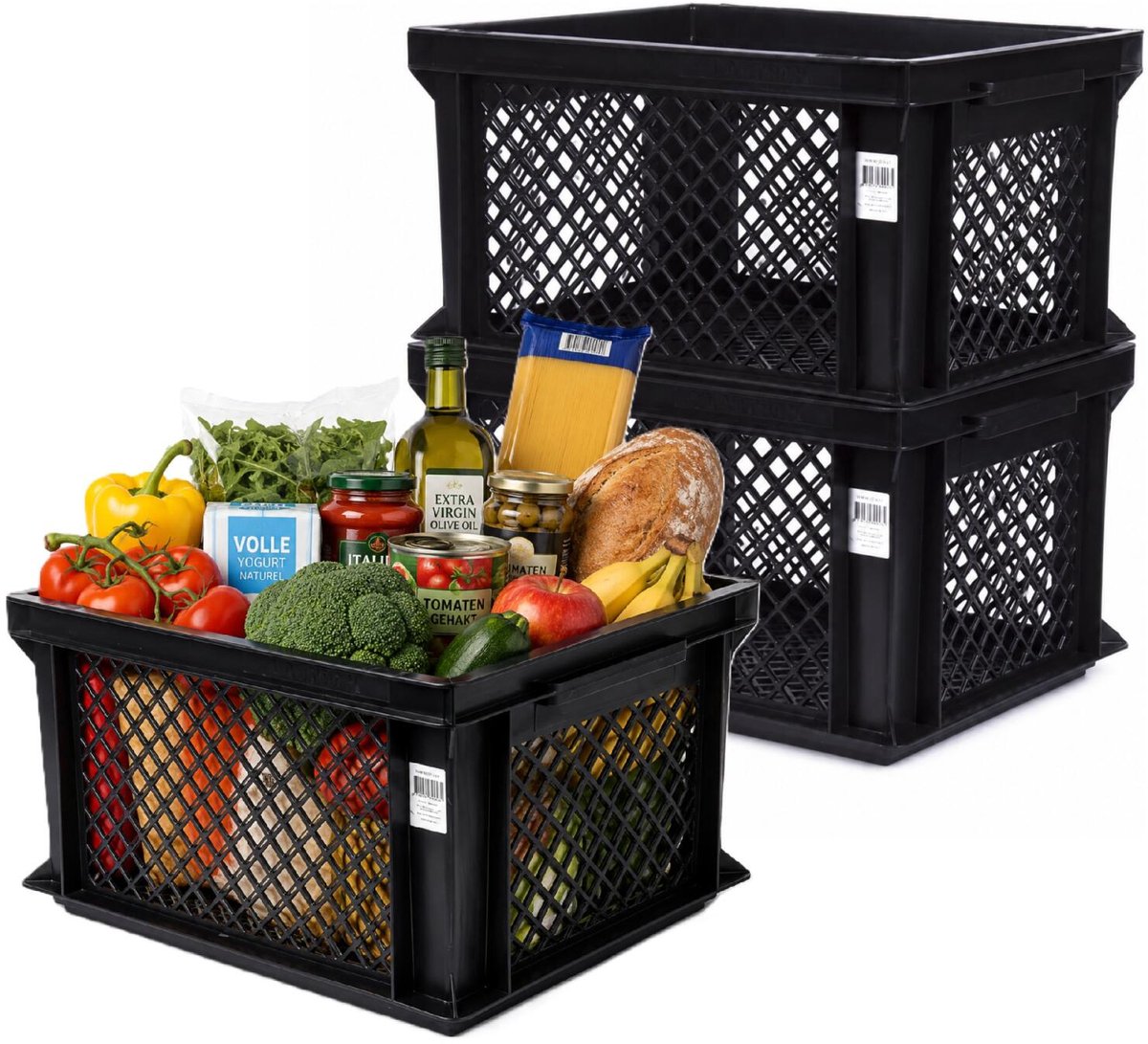 Bellatio Design opbergbox - 3x - opbergkrat - zwart - 40 x 30 x 22 cm - kunststof - open structuur - opbergers - kisten - garage/zolder