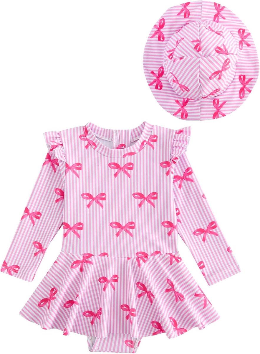SnelShoppen - JiAmy Babybadpak Meisjes met Zonnehoed, Lange Mouwen, Eendelig Zwempak met Ritssluiting, UV-Badkleding voor Kinderen 6 maanden - 3 jaar,