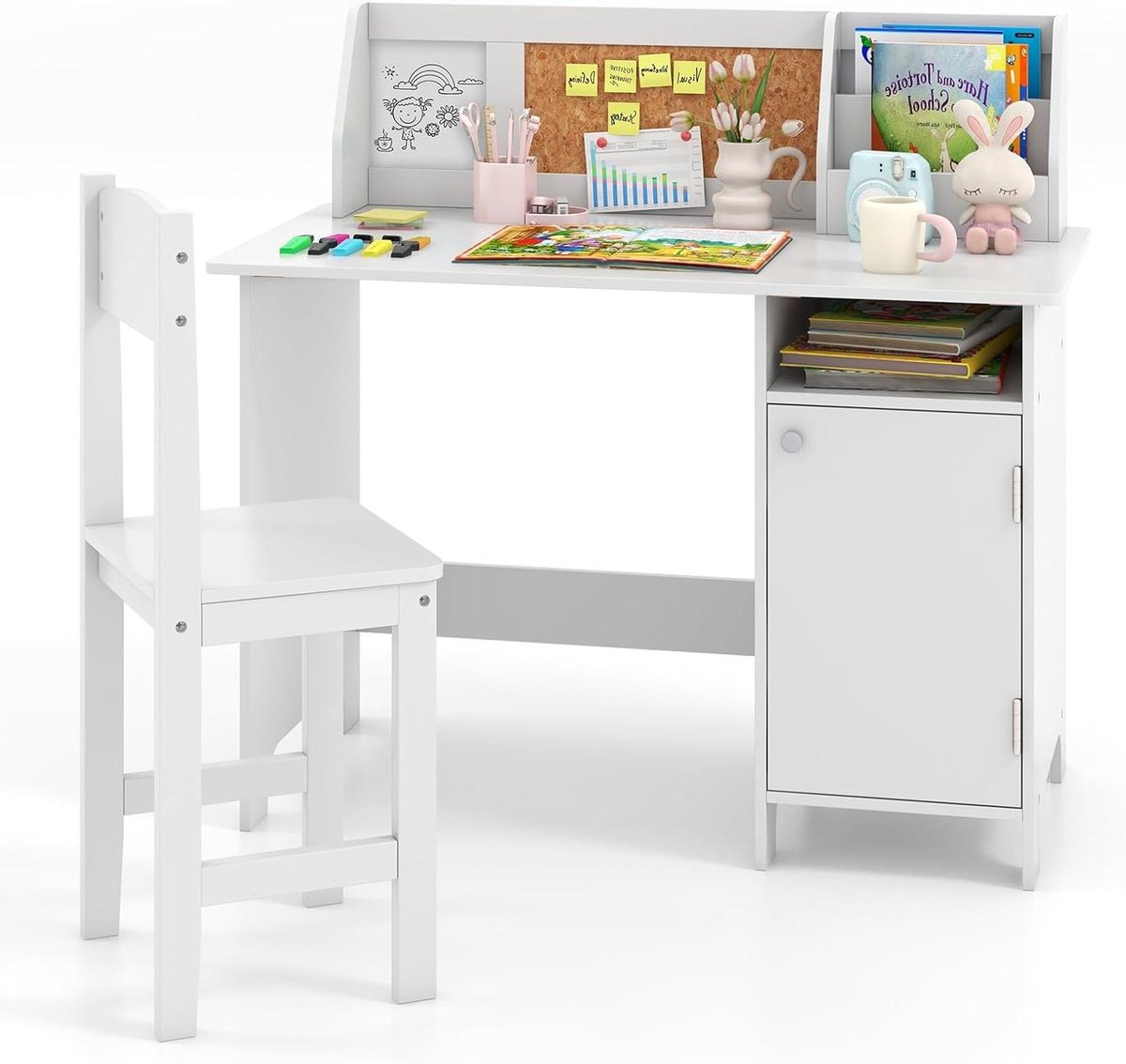 Kinderbureau met stoel - Studeertafel set - Leren en spelen - Veel opbergruimte - 90 x 45 cm - Wit