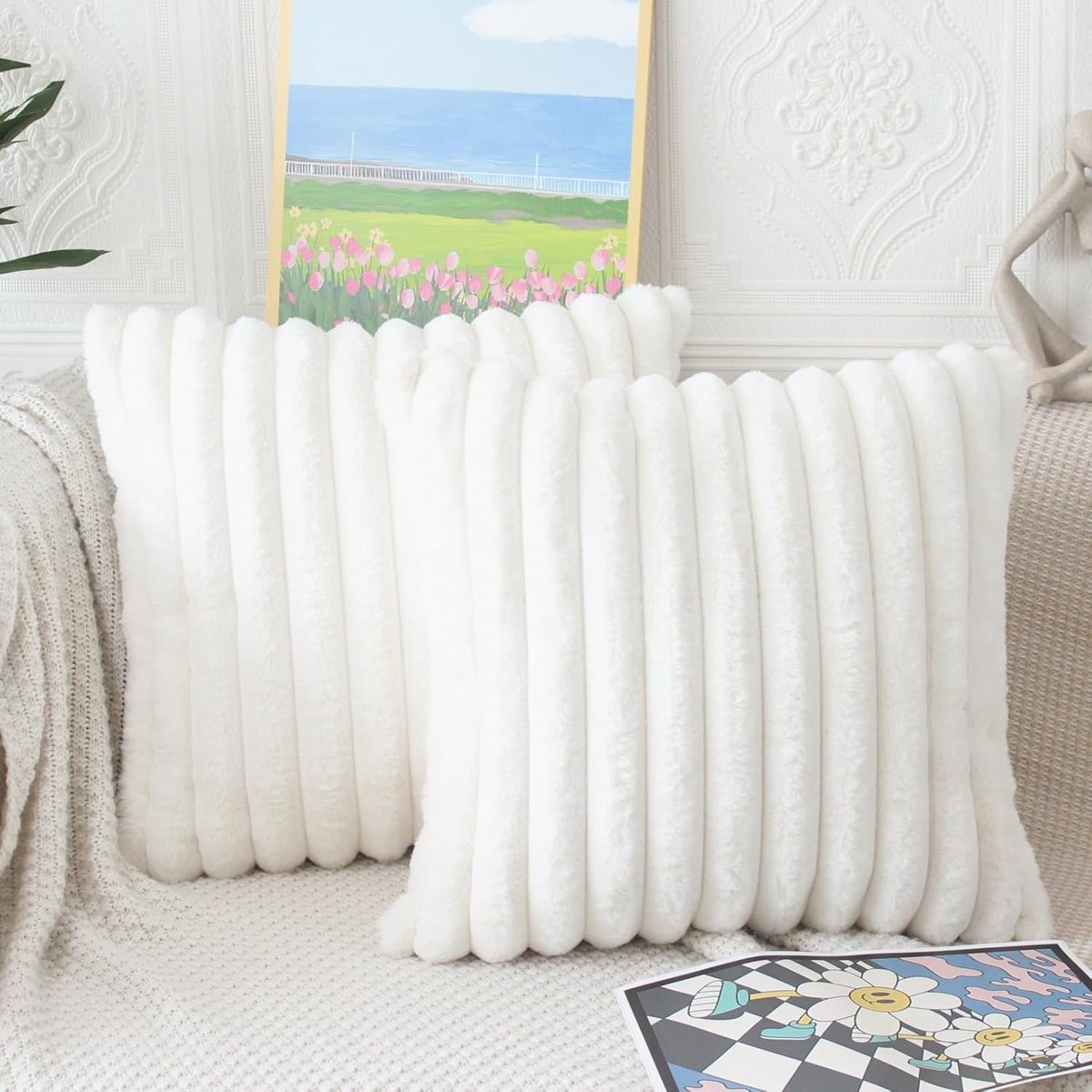 SnelShoppen - Crèmewitte Kussenhoezen 50x50 Set van 2 Pluizige Pluche Decoratieve Kussenovertrekken Zacht Gestreept Bont Luxe Bankkussens voor Woonkam