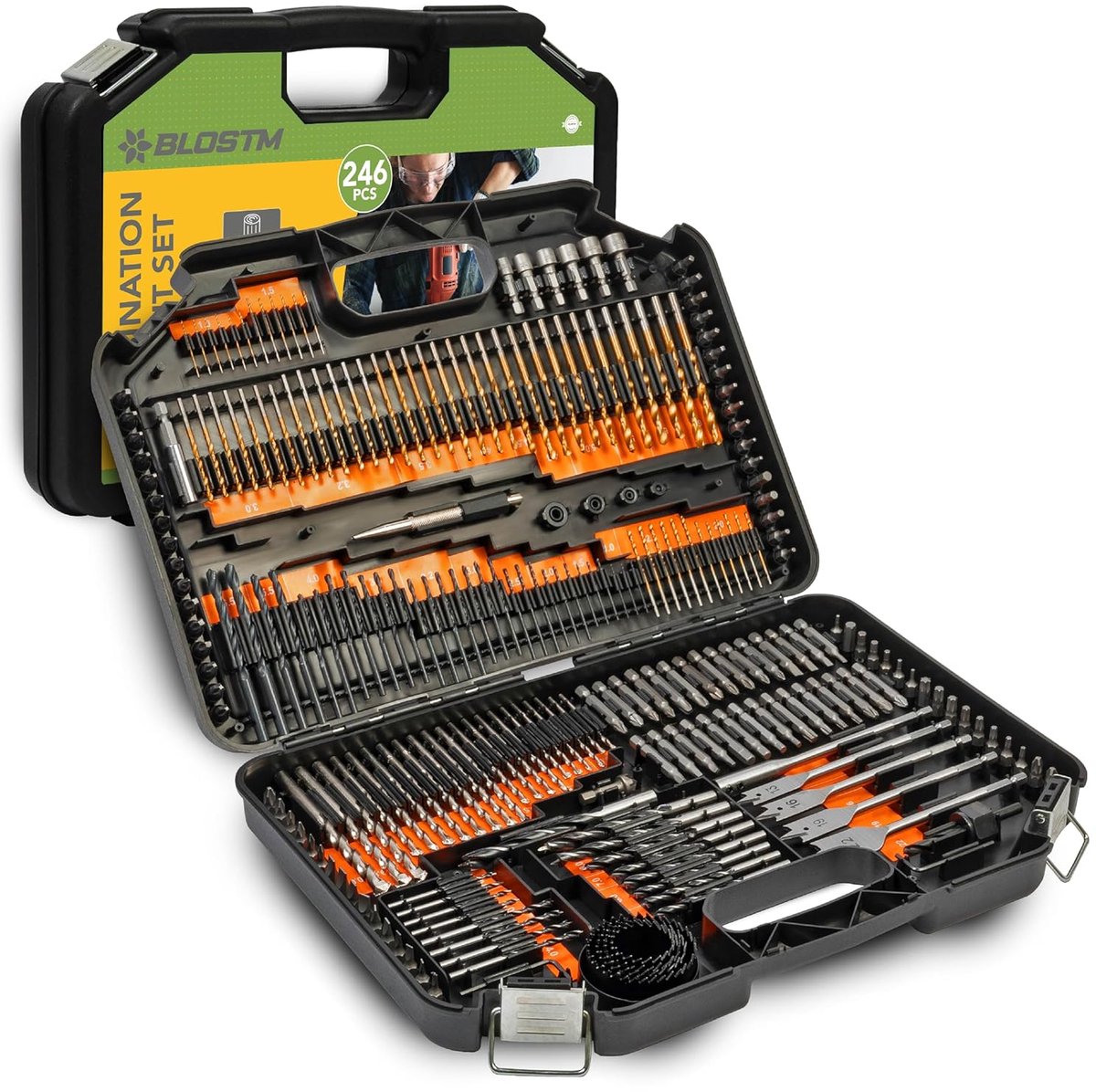 SnelShoppen - 246-delige combinatieborenset, HSS titanium spiraalboren, schroevendraaierbits, opbergkoffer, multifunctioneel, boorset voor metselwerk,