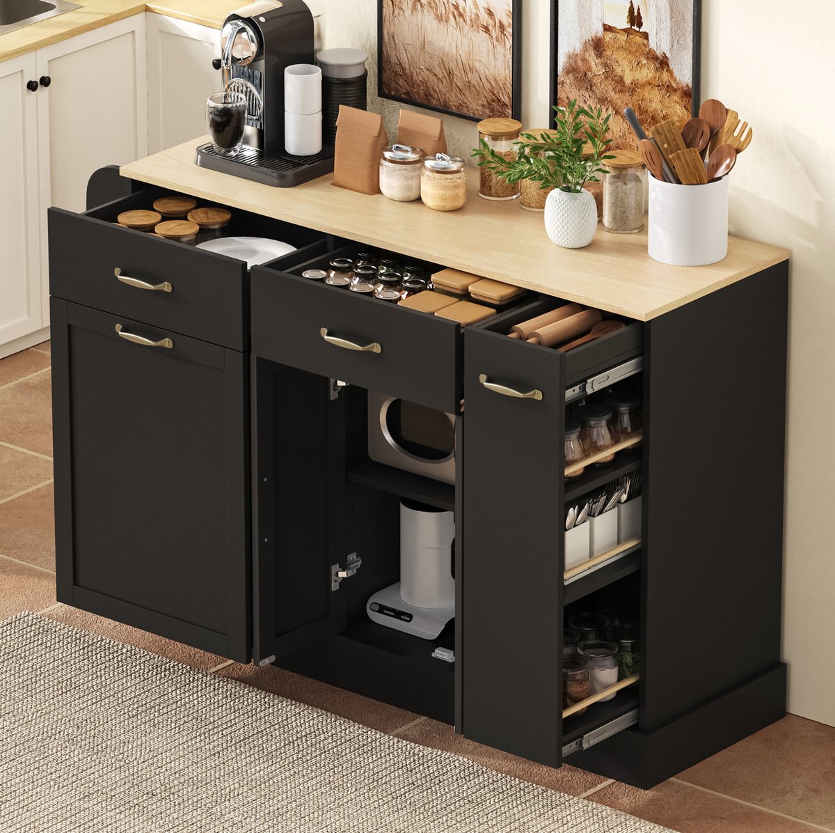 Wishdor - Dressoir - met laden en opbergvakken - buffetkast met open vakken en afvalbakvak - modern Scandinavisch - keuken en eetkamer - houtlook zwart - 133,5 x 40 x 86 cm