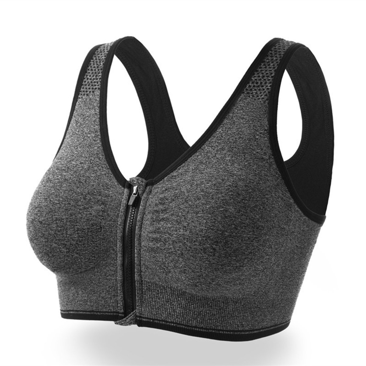 Daity Sportbeha met ritssluiting aan de voorkant – Dames sportbeha met ritssluiting aan de voorkant – Sportbeha met hoge ondersteuning – Fitnessbeha – Beha zonder beugel – Push-up en ademend – Damesondergoed – Maat XL – Grijs