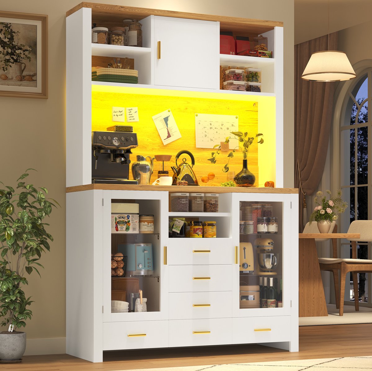 Wishdor - Keukenkast - LED-verlichting - buffetkast met lades, open vakken en kastruimte - landhuisstijl - keuken en eetkamer - houtlook en glas - wit - 120 x 40 x 188 cm