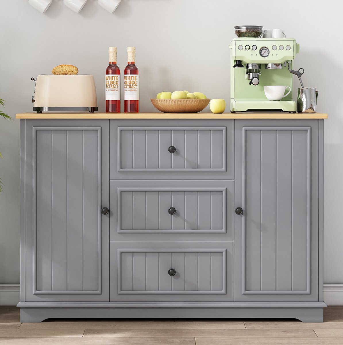 Wishdor - Dressoir - 3 lades en 2 deuren - verstelbare opbergruimte - modern - woonkamer of eetkamer - houtlook en MDF - grijs - 126 x 40 x 86 cm