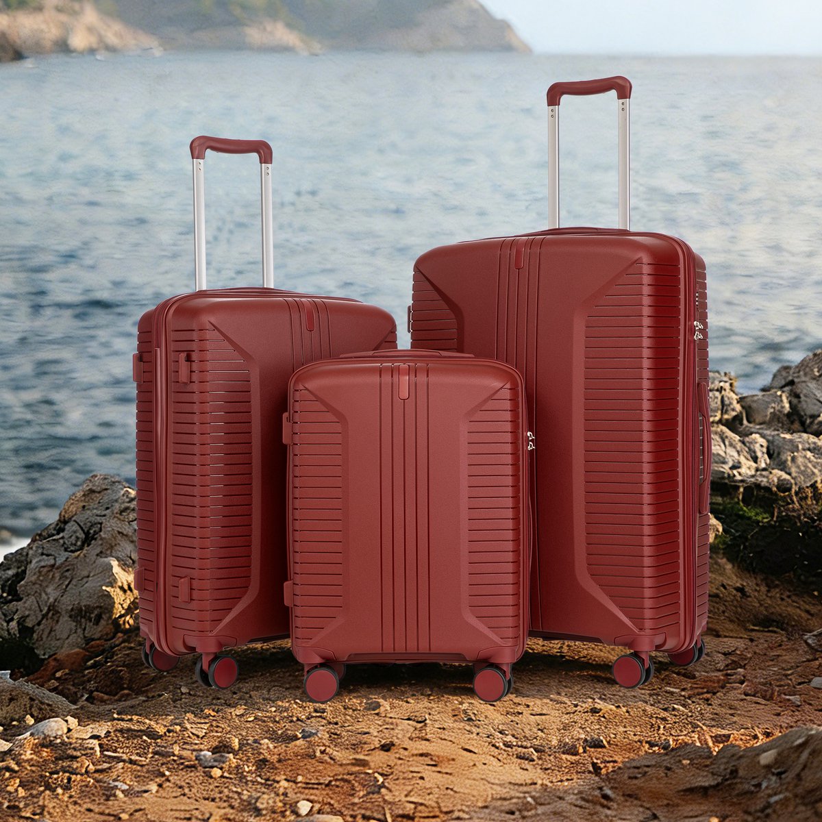 VVBV Kofferset 3 Delig 20/24/28 inch - PP Hardcase, Spinner Wielen, Cijferslot, Zijhaken, Ruimbagage, Rood, Vakantie, Trolley