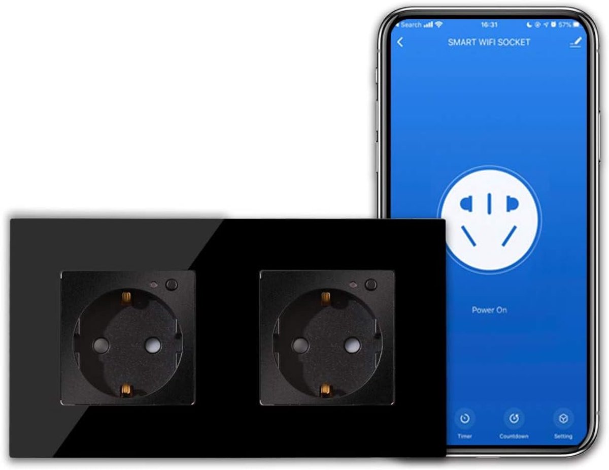 SnelShoppen - Smart WLAN Power Outlet, 16A Slimme Stekker met App Control, Works with Alexa en Google Home, Zwart, 2.4GHz WiFi, EU Standaard