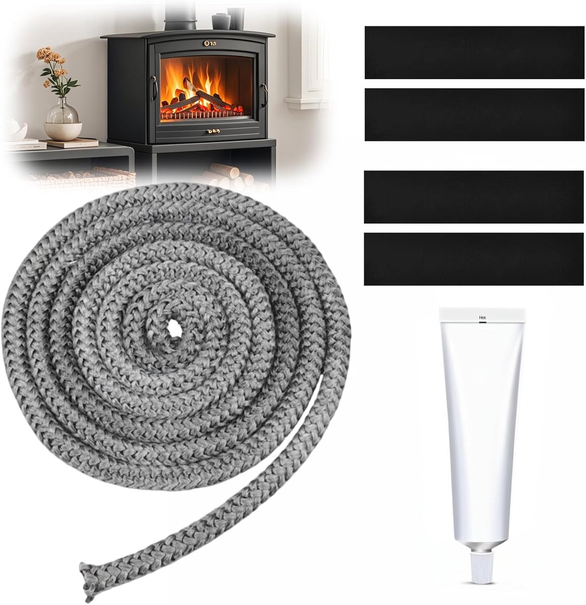 SnelShoppen - Wood Stove Seal 14 mm x 3 m - Hittebestendig Glasvezel Vuurvast Touw voor Openhaard Deuren, Inclusief Lijm en 4 Verbindingstapes