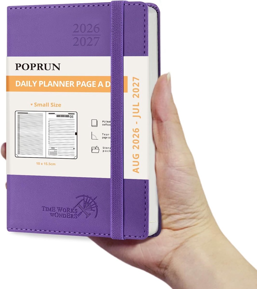 SnelShoppen - Agenda Pocket 2026 2027 Daily Planner A6 - 1 Pagina per Dag, Compact 16 x 10.5 cm, PU Leer, 70 GSM Papier, Paars, Perfect voor Organiser