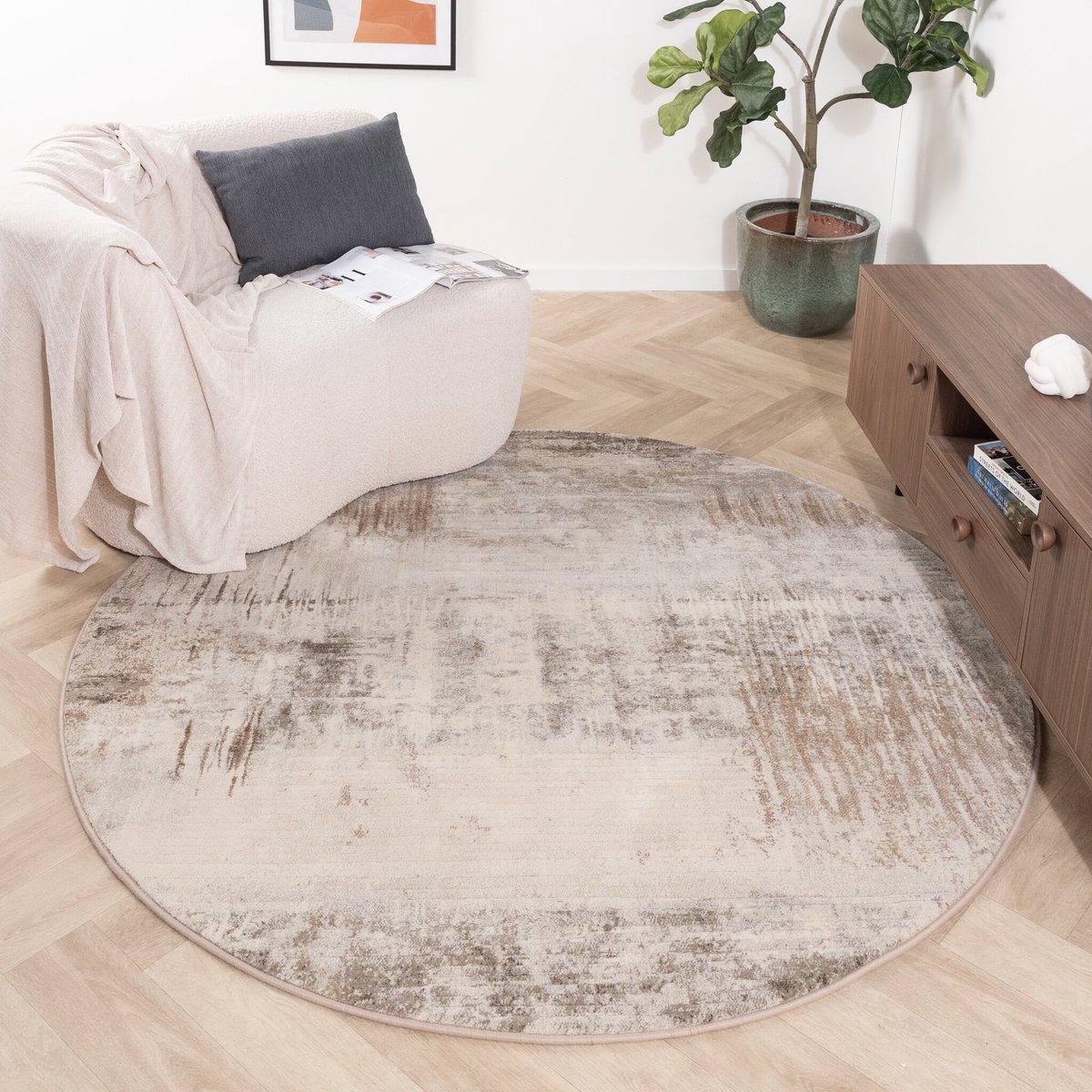 Studio Clarice Rond abstract vloerkleed - Xavier Scratch Taupe/Grijs - Ø 200cm