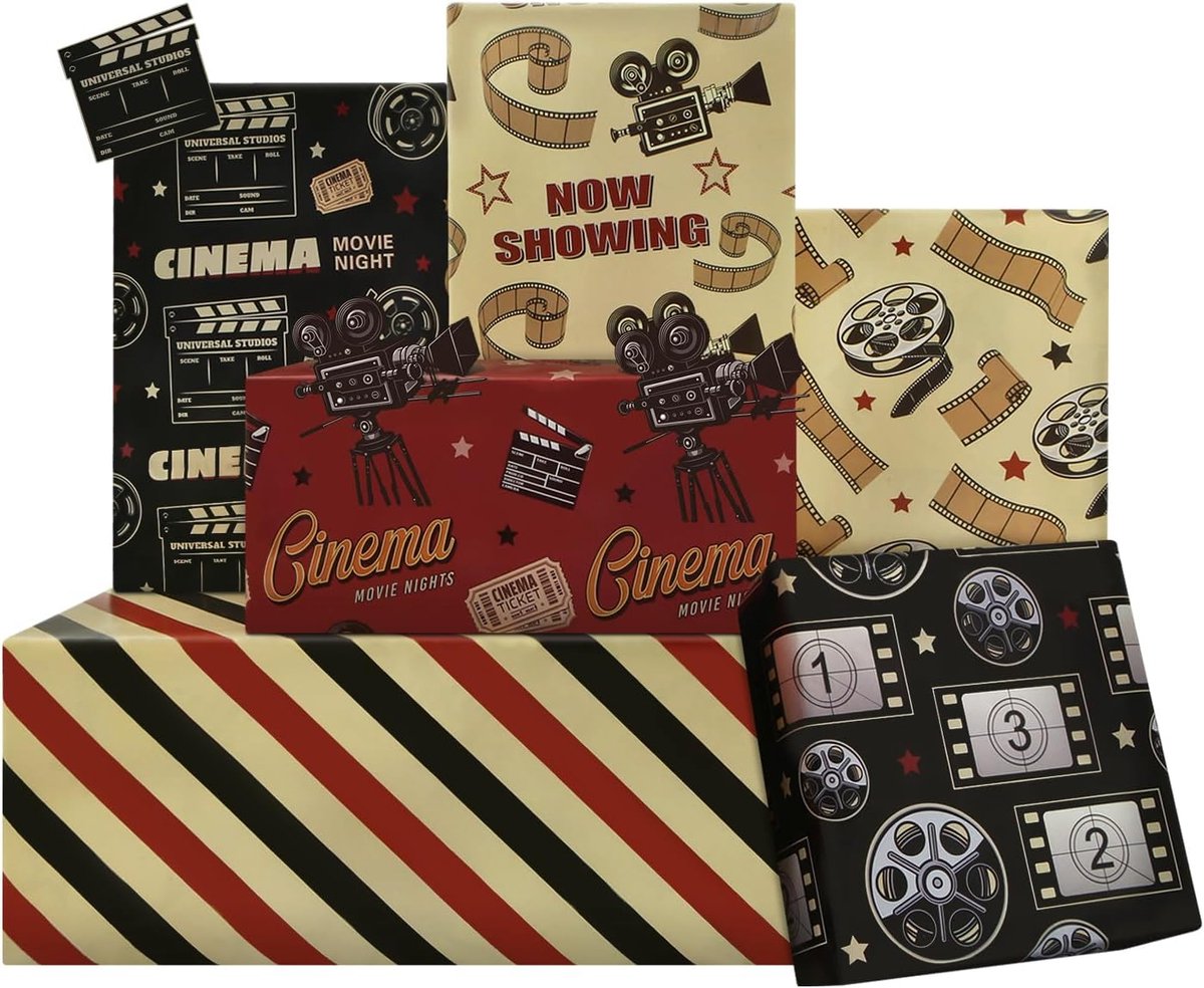 SnelShoppen - Unieke Vintage Filmavond Cadeaupakket - 6 Vellen Cadeaupapier 50x70cm met Retro Cinema Ontwerpen voor Verjaardag, Filmfan, Feest, Cadeau