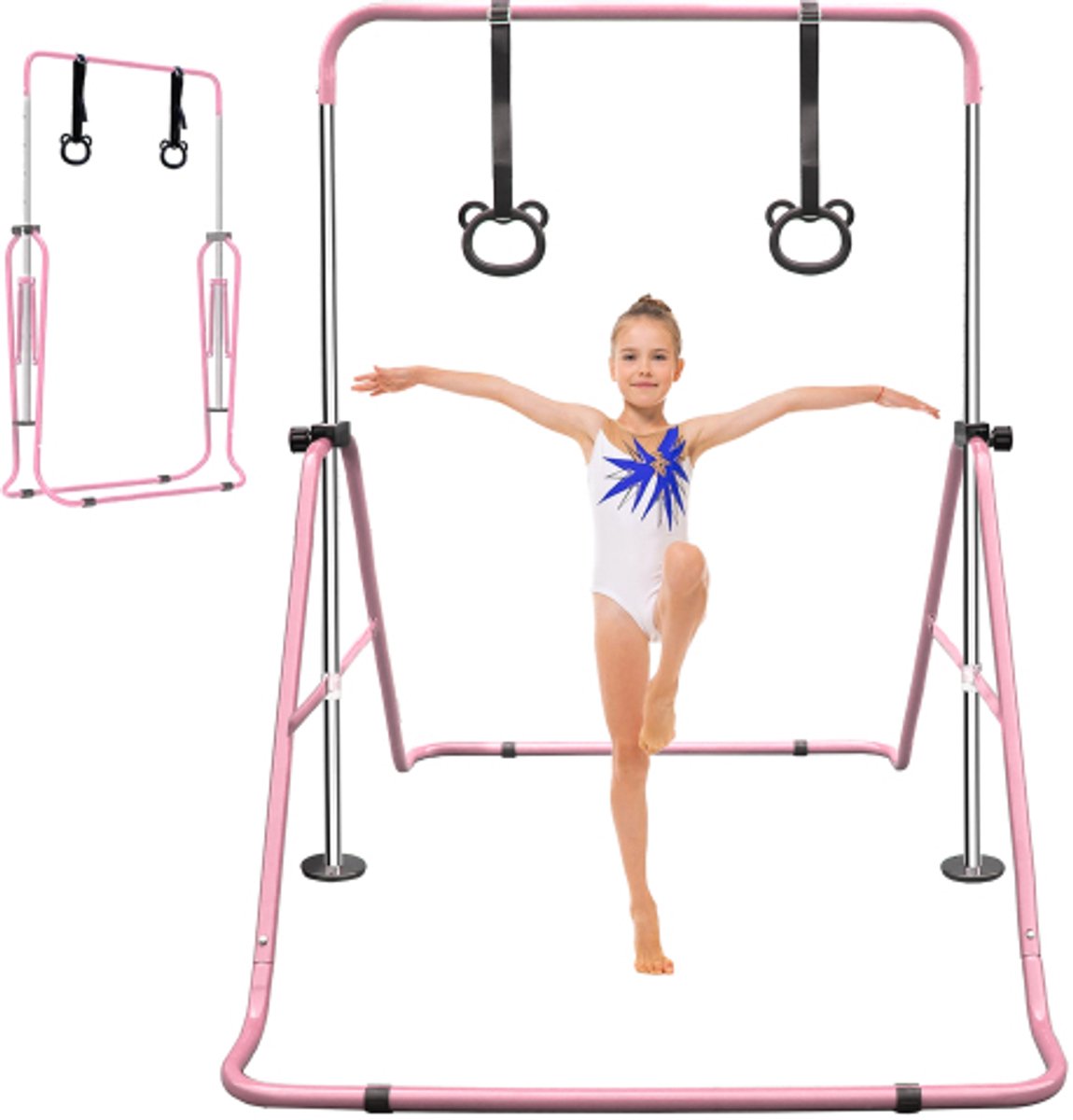 Kindergymnastiekstang, in hoogte verstelbaar van 88,9 tot 129,54 cm, gemakkelijk op te bergen, antislip, geschikt voor thuis- en buitentraining voor beginners en jonge atleten, roze