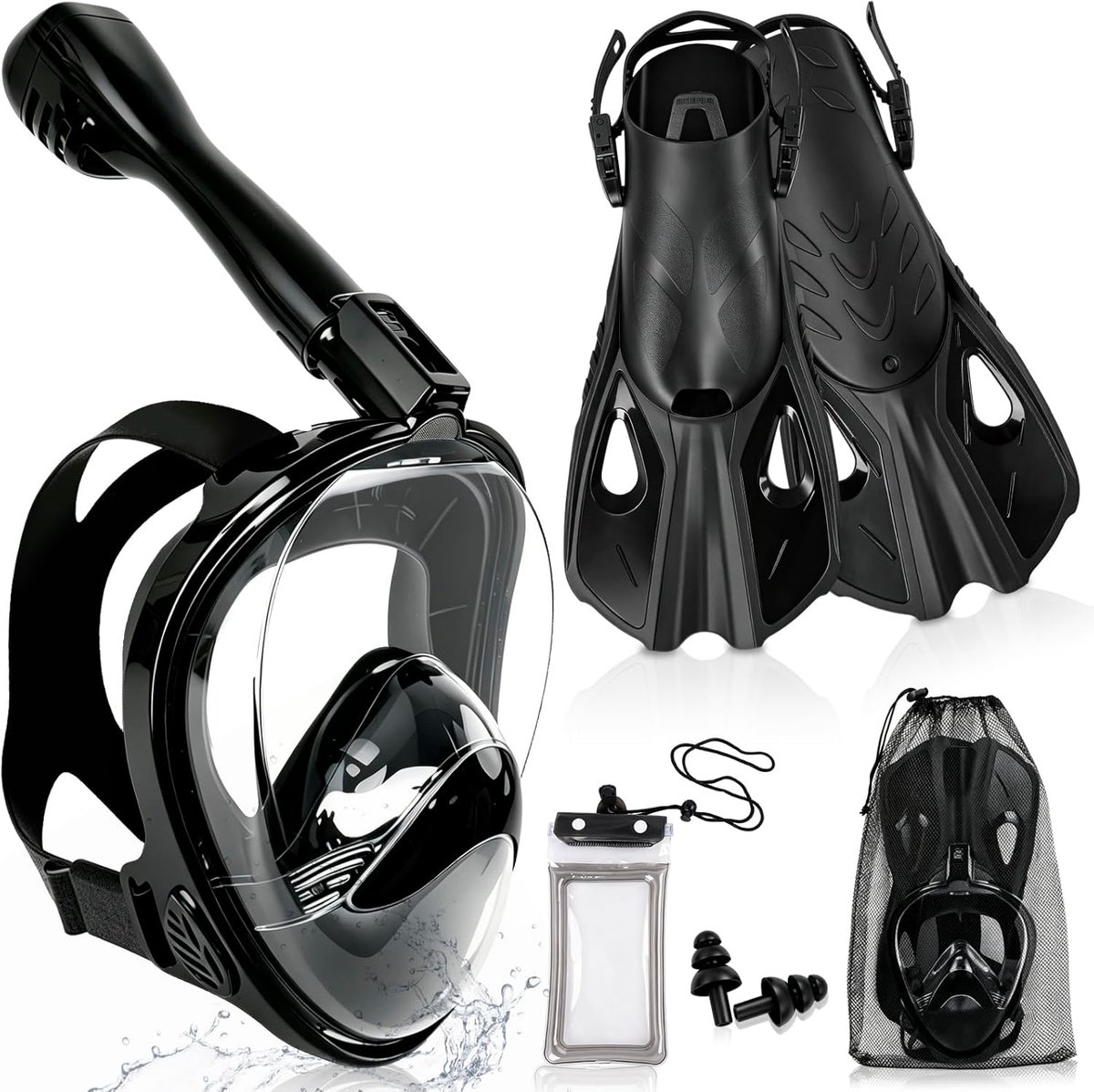 SnelShoppen - Adult Snorkel Set met Full Face Mask, CO2 Veilige Snorkel, Verstelbare Fins, 180° Gezichtsveld, Camera Houder, Waterdichte Telefoonhoes