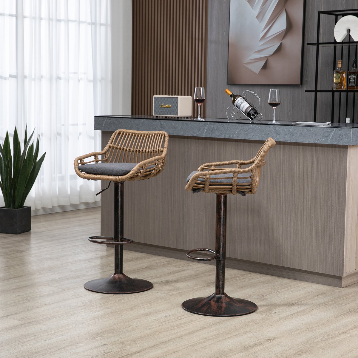 DESMIU Barkruk 49 x 48 x 89-109 cm - Set Van 2 Draaibare En Hoogte Instelbare Barkrukken - Voor Keuken En Bar - Rotan En Stof - Grijs