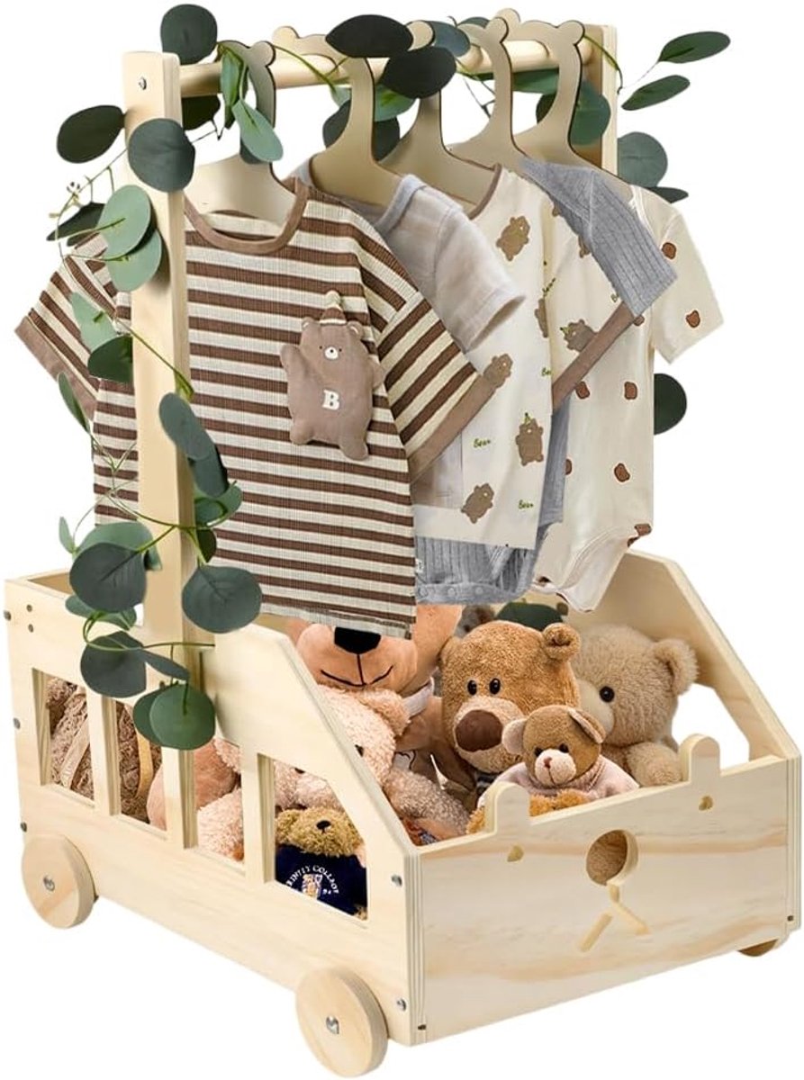 SnelShoppen - Houten Babymand met Handvat, Opbergkast voor Babyshower met 6 Hangers, Geboorte- en Verjaardagsmand voor Jongens, Kerstcadeau voor Nieuw
