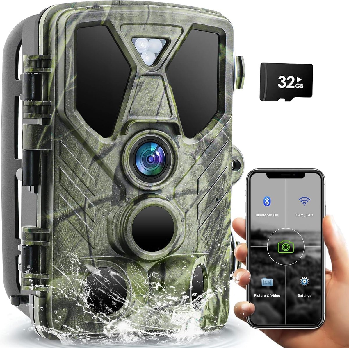 SnelShoppen - Wildcamera WLAN met App, 4K Video, 36 MP Full HD, Nachtzichtcamera met Bewegingsmelder en 850 nm IR-LEDs, Jachtcamera met 32G SD Kaart