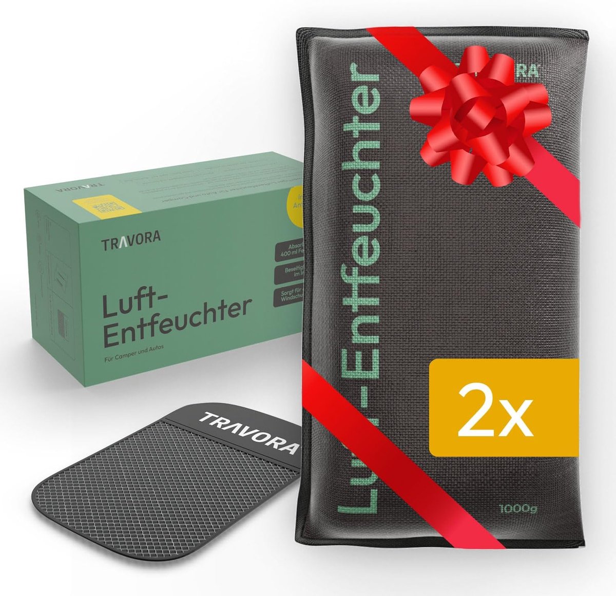 SnelShoppen - Luchtontvochtiger Kussen 2 x 1 kg, Herbruikbaar, Extra Groot, Zwart met Anti-Slip Pad voor Auto-Interieur, Camping, Thuisgebruik