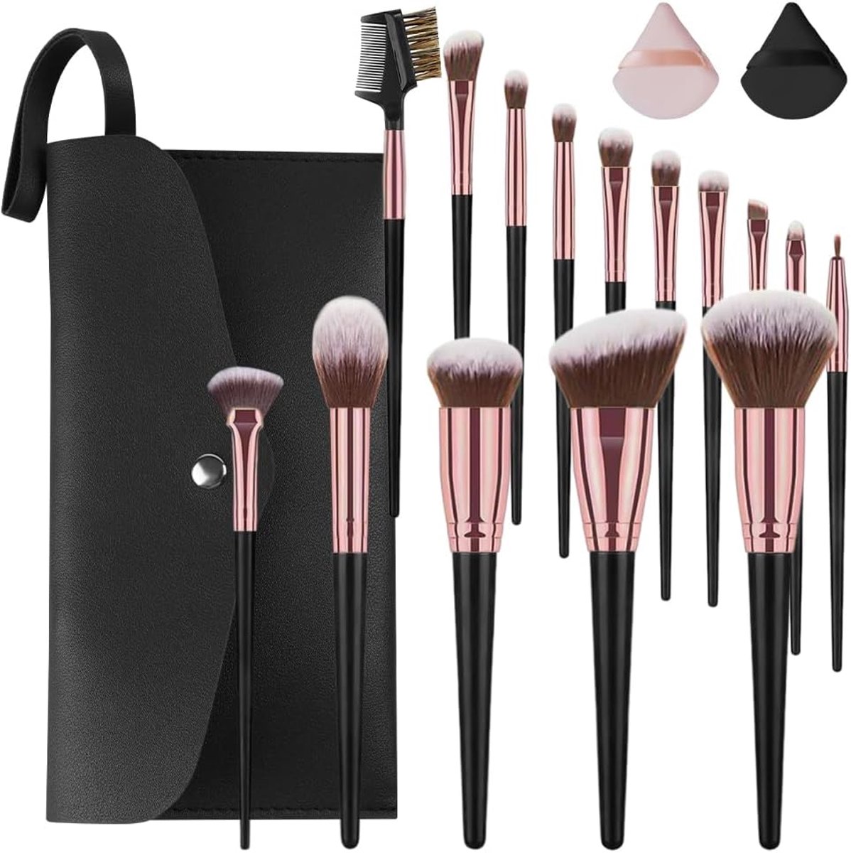 SnelShoppen - 15-delige Professionele Make-upborstelset met PU-lederen Tas, Synthetische Borstels voor Poeder, Concealer, Oogschaduw en Blush, Perfect