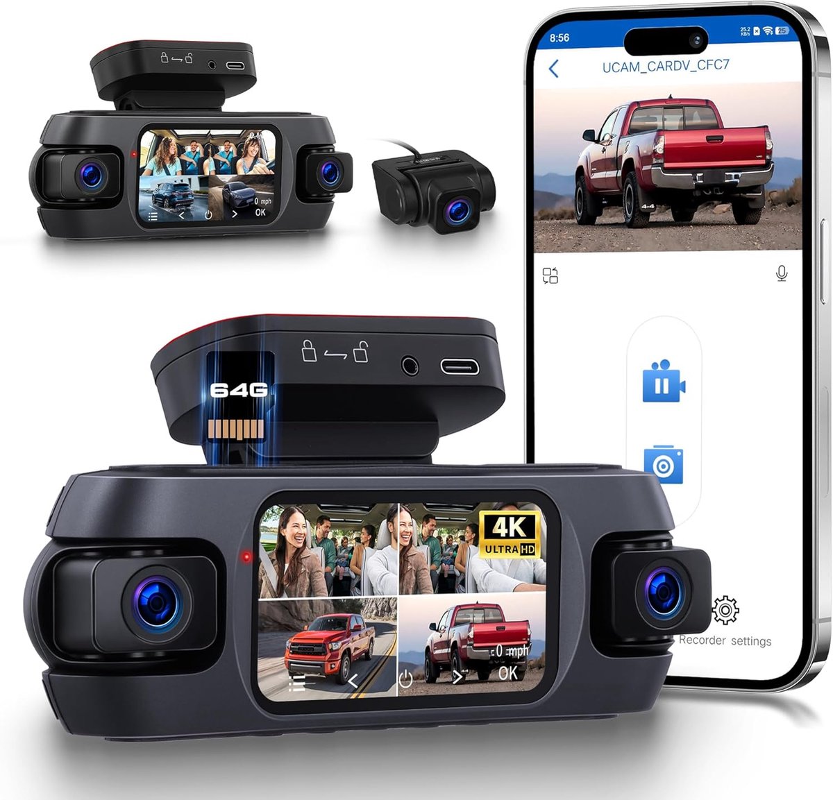 SnelShoppen - 4K Dashcam Auto met 4 Camera's, Wifi App, GPS, Nachtzicht, G-sensor, Parkeerbewaking, 360° Beeld, Voor, Achter, Binnen en Links