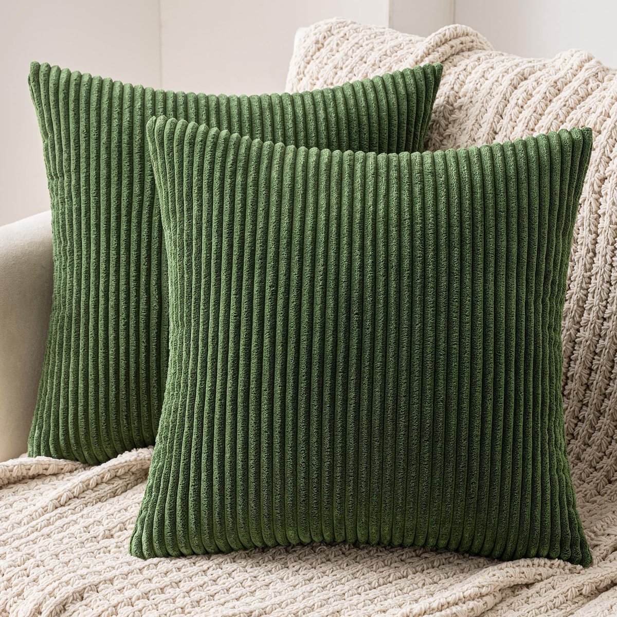 SnelShoppen - Set van 2 Corduroy Kussenslopen 60x60 cm Matcha Groen - Zachte Decoratieve Sierkussenhoezen voor Bank, Stoel, Slaapkamer - Effen Kleur m