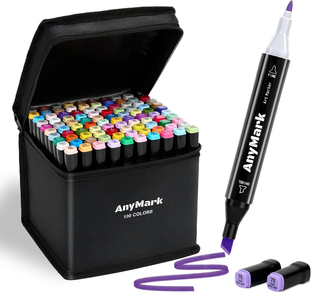 SnelShoppen - 100 Kleuren Alcoholmarkers, Dubbele Punt met Beitel & Fijne Punt, Professionele Tekmarkers voor Kleuren, Illustraties, Manga, Creatief S