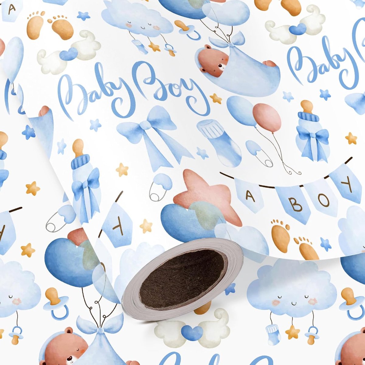 SnelShoppen - RUSPEPA Baby Shower Inpakpapier Roll - Mini Roll 43.2cm x 5m - Aquarel Beer Baby Boy Inpakpapier voor Jongens Verjaardag en Pasgeboren C