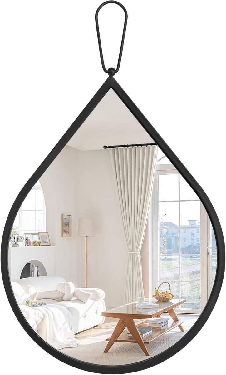 SnelShoppen - Zwarte Wandspiegel Tranenvormige Hangende Muurspiegel 50x40cm - Moderne Decoratieve Spiegels voor Entree, Hal, Badkamer en Woonkamer
