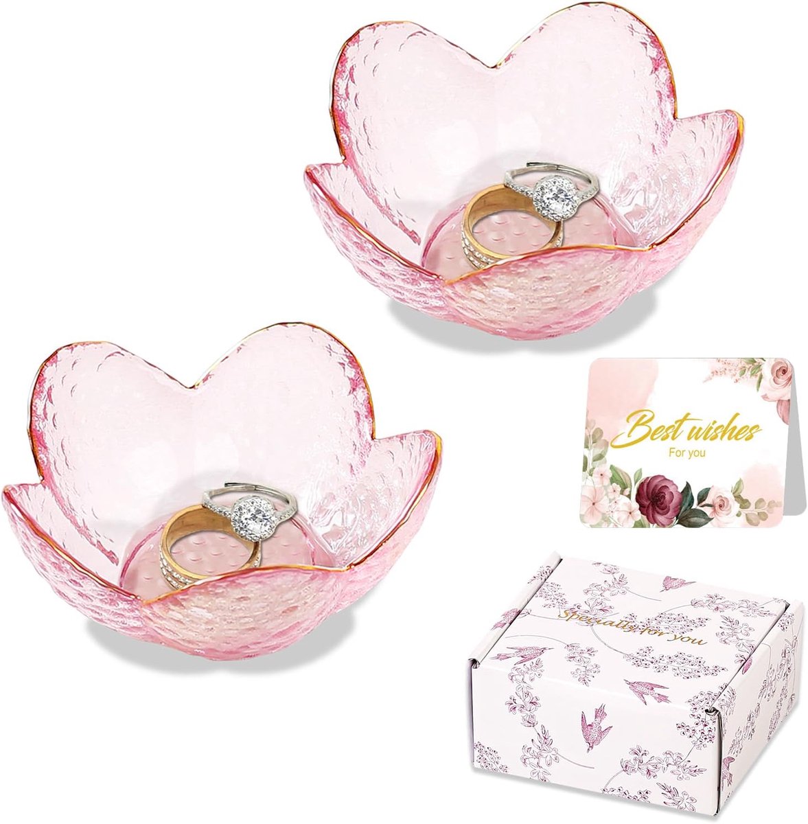 SnelShoppen - Sieradendoos Bloemvorm Roze Glas - Unieke Cadeaus voor Vrouwen - Ringhouders, Oorbellen, Armbanden - Esthetische Kamerdecoratie voor Sla