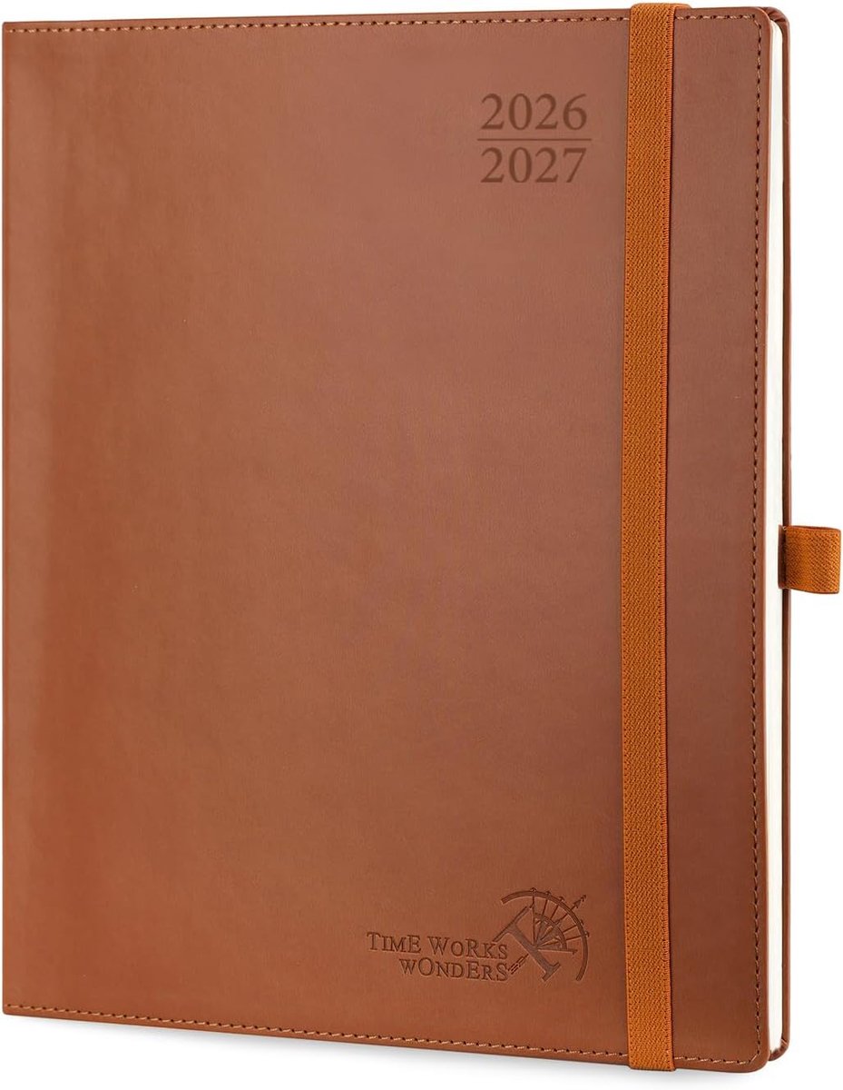 SnelShoppen - Agenda 2026 2027 Weekplanner Verticaal 26,5 x 21,5 cm - Bruin PU Lederen Kaft - 17 Maanden - 30 Minuten Intervallen - 80 GSM Papier - Sc