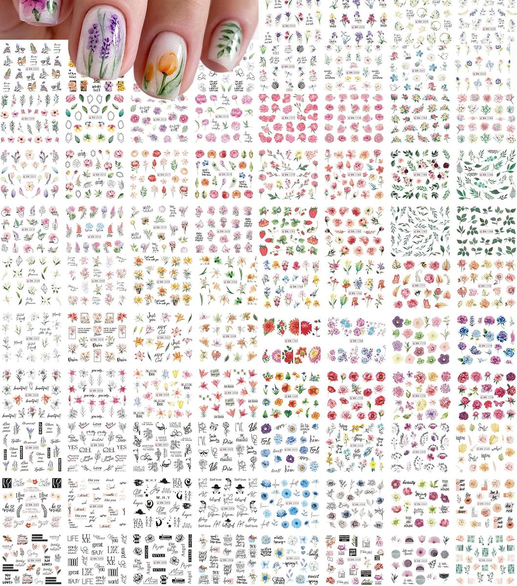 SnelShoppen - 84 vellen Bloem Nail Art Stickers, Watertransfer Nagelstickers voor Dames en Meisjes, DIY Nageldecoraties, Manicure Accessoires voor Len