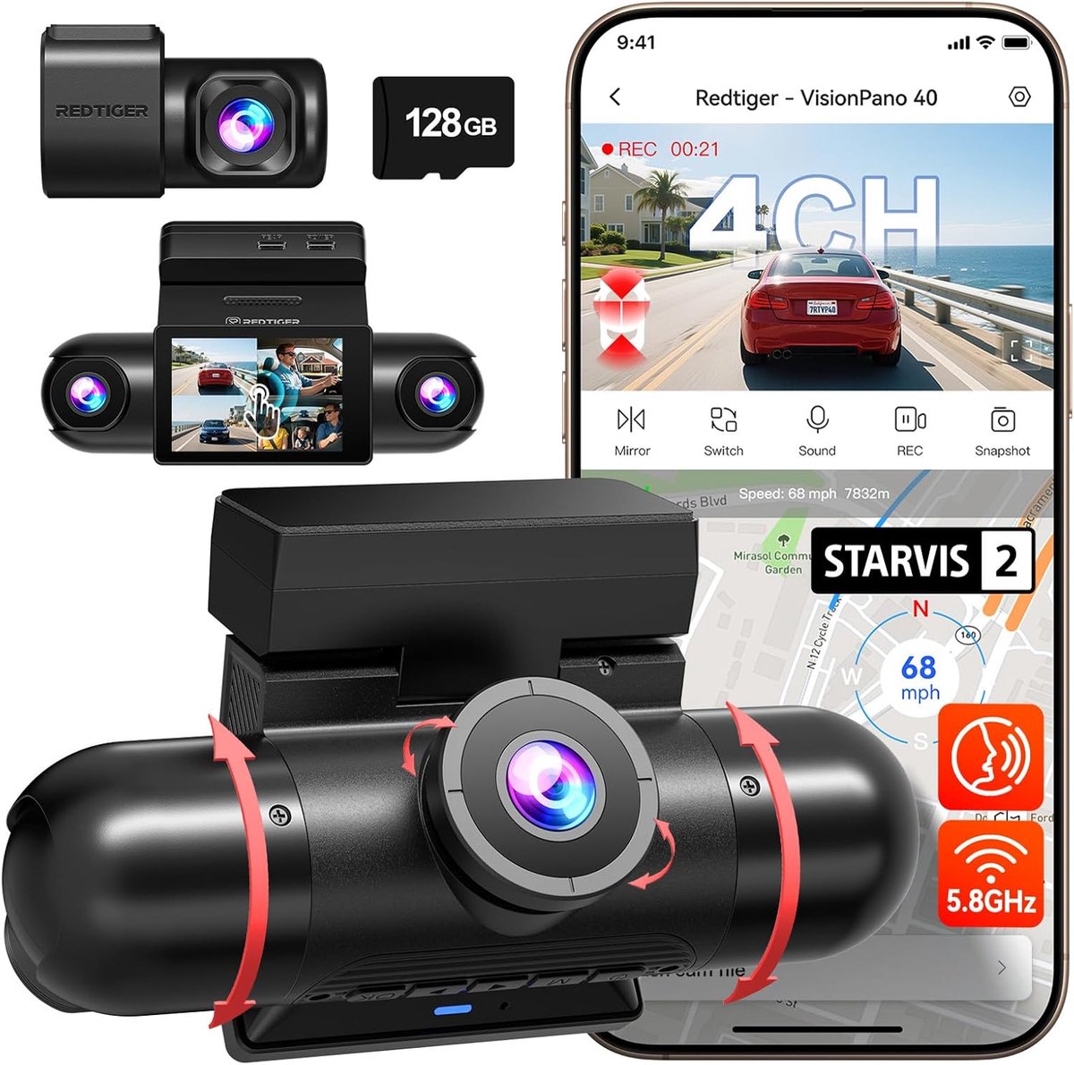 SnelShoppen - 4-kanaals 360° dashcam auto met dual camera's, 2,2,5 K x 2 + 1080p x 2, 5,8 GHz wifi, nachtzicht met 8 IR-lampen, 128 GB kaart voor ulti