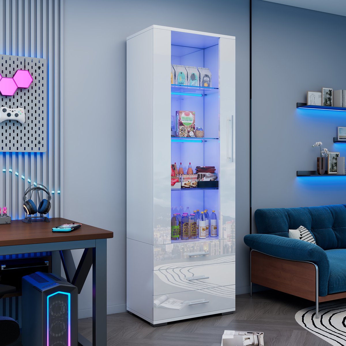 Wishdor - Vitrinekast - LED-verlichting - 1 deur en 3 lades - modern design - woonkamer of studeerkamer - bewerkt hout - wit - 60 x 35 x 180 cm