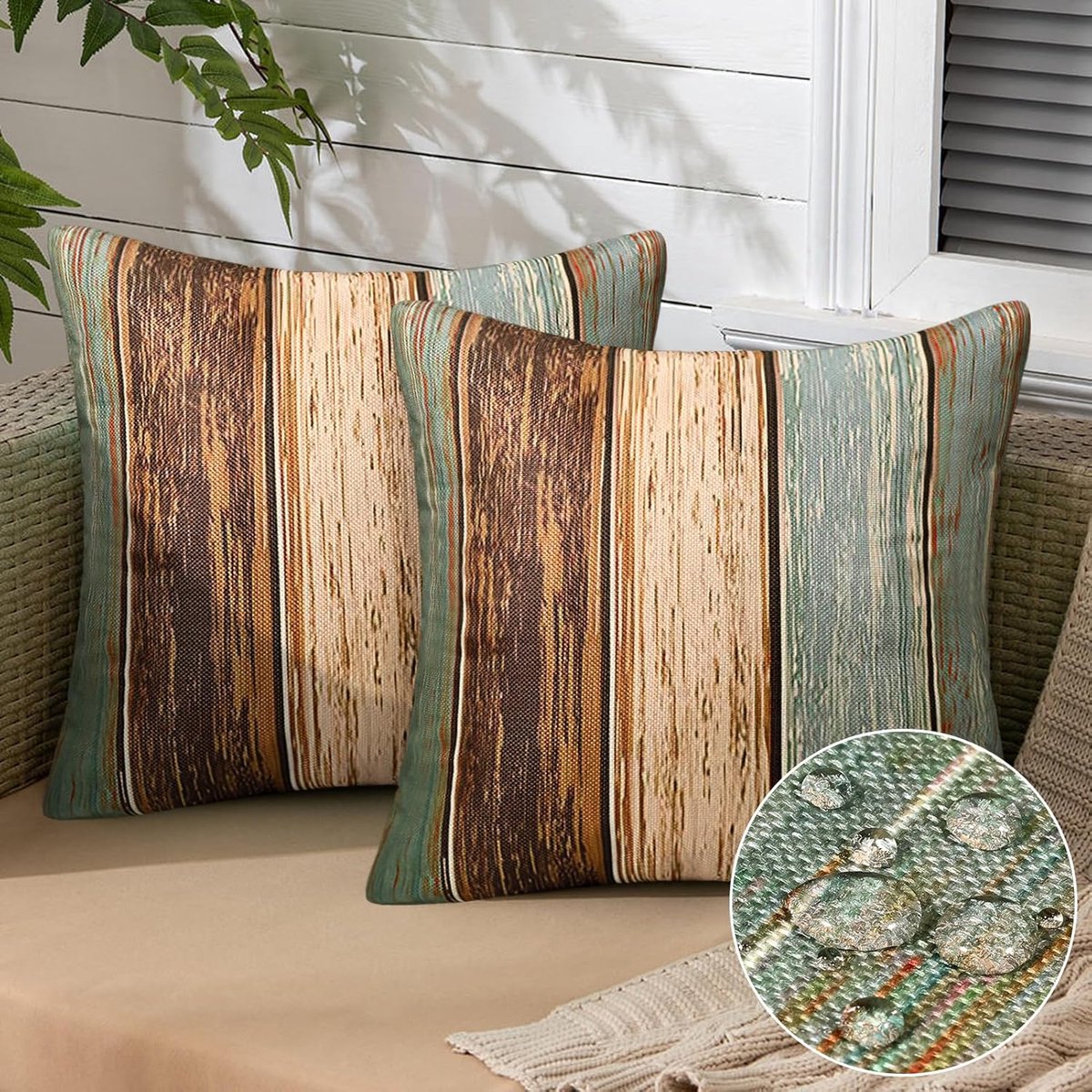 SnelShoppen - Set van 2 Waterdichte Kussenhoezen 40 x 40 cm Groen met Turquoise Strepen - Decoratieve Buiten Kussenhoezen voor Sofa, Balkon, Tuin, Pat
