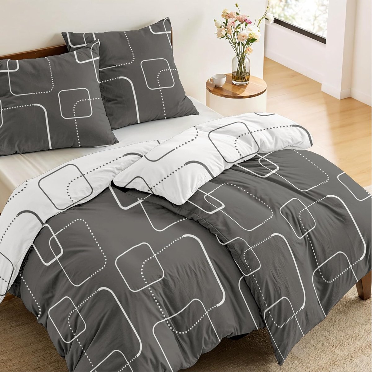 SnelShoppen - Duvet covers 135x200 cm met 2 kussenslopen 80x80 cm, geopathron grijs/wit, beddengoed set met rits, Oeko TEX microfibre, zacht en comfor