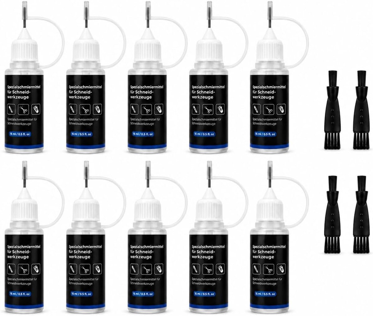 SnelShoppen - 10 stuks scheerkopolie voor tondeusmachines met reinigingsborstel, onderhoudsset voor trimmers en scheerkopolie, 15 ml per flesje, ideaa