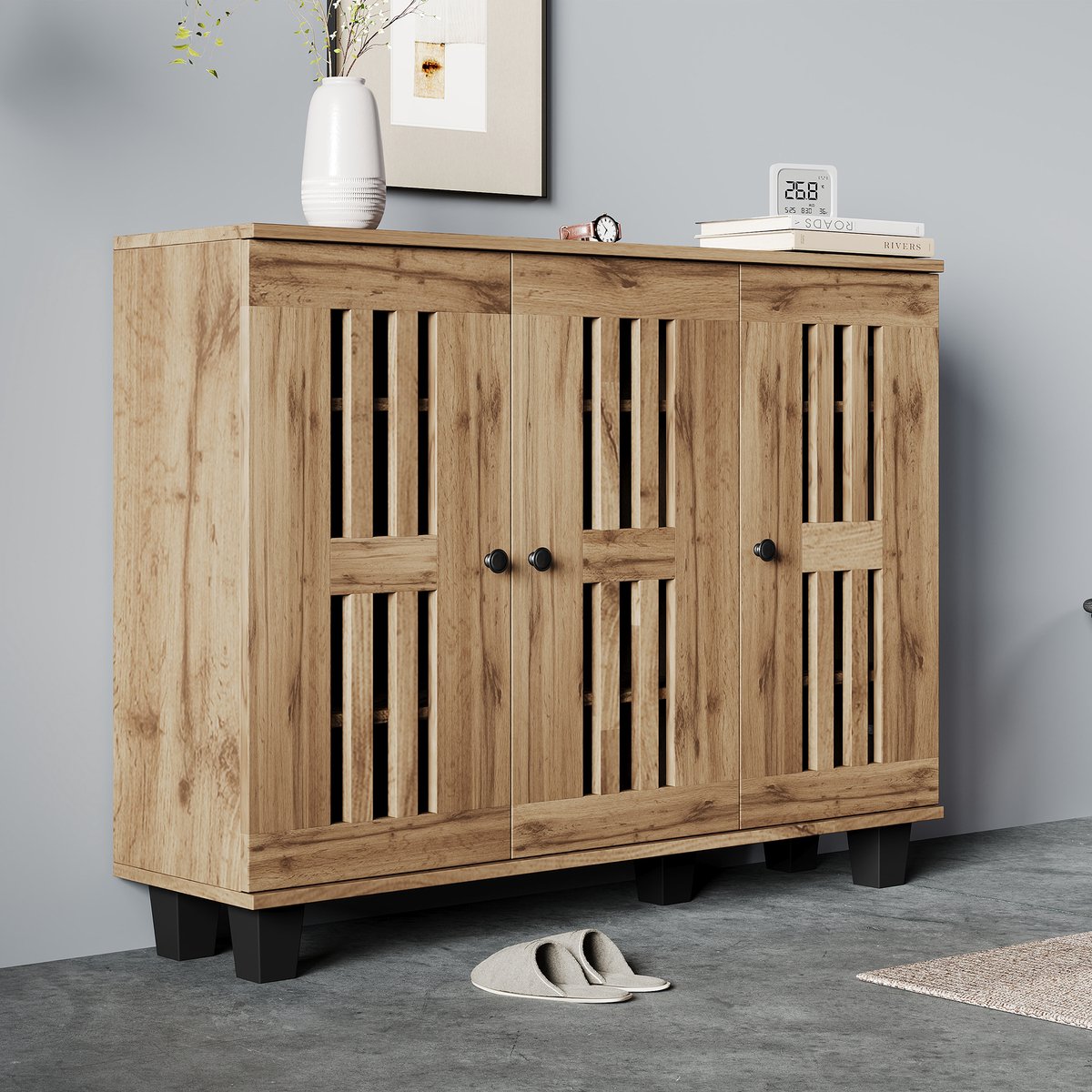 Wishdor - Dressoir - 3-deurs opbergkast met 8 vakken - landelijk design - voor woonkamer, slaapkamer, kantoor of hal - houtlook en zwarte poten - 120 x 32 x 92 cm