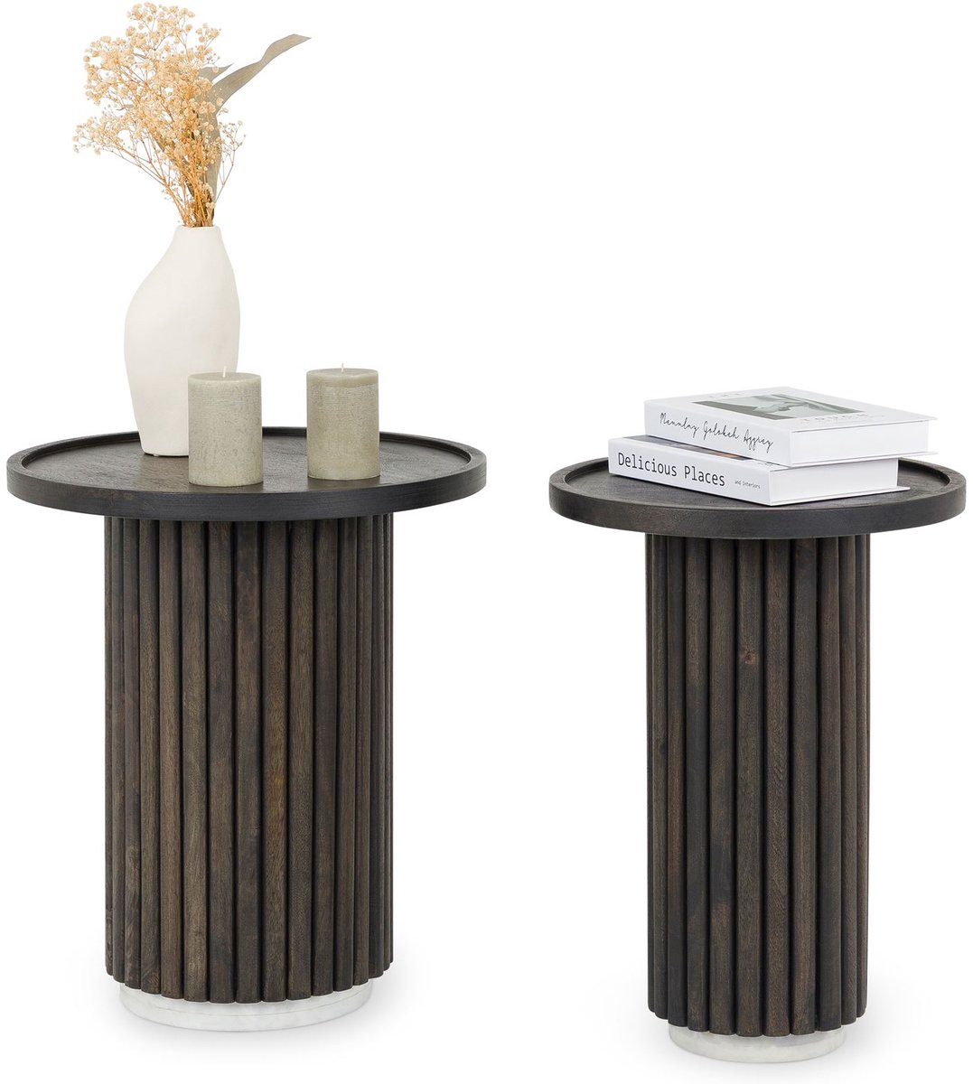 SARDA salontafelset, rond, van massief mangohout – bruin/wit