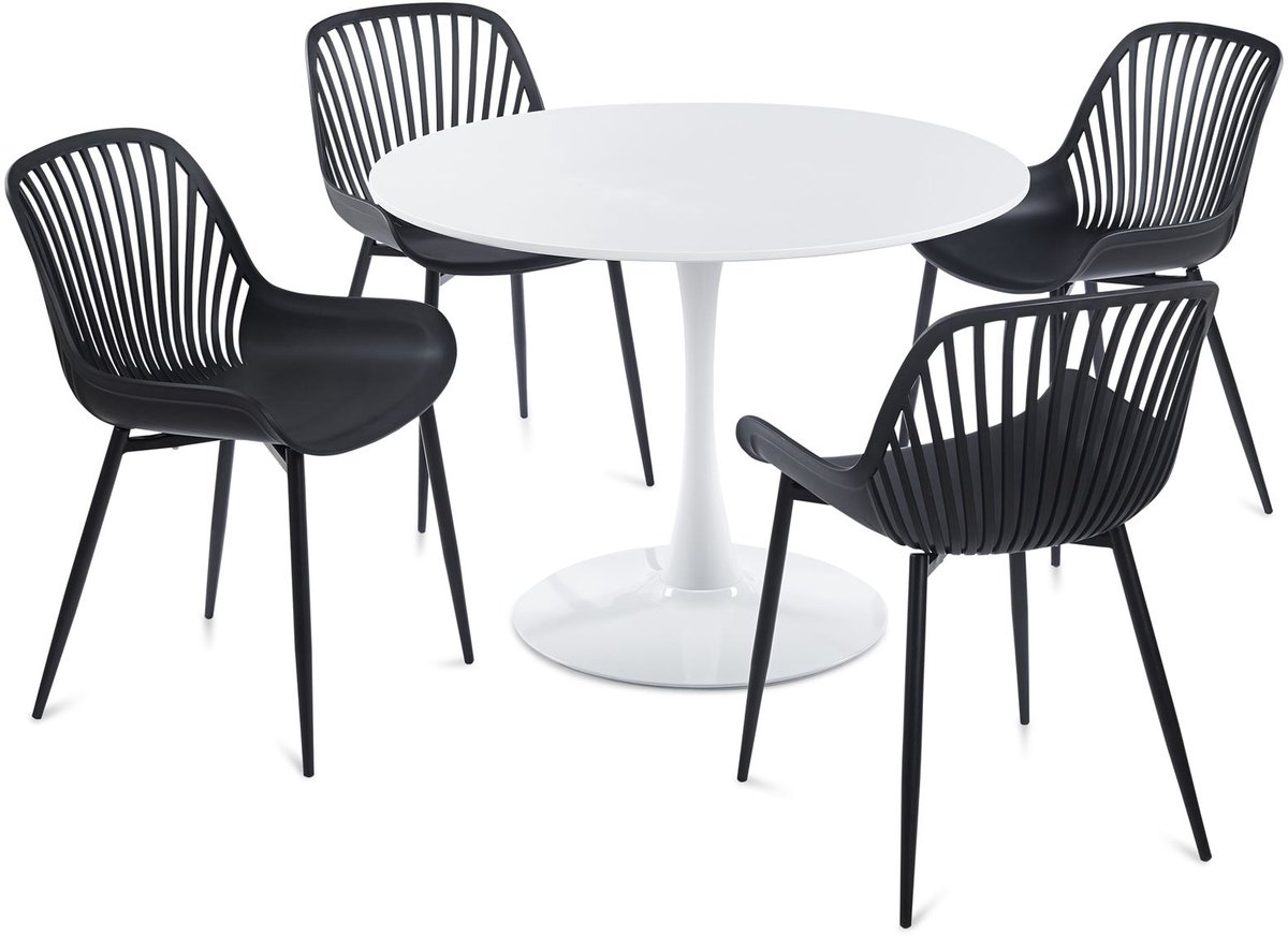 Eethoek LOIRE/VERDE: ronde tafel met 4 stoelen – wit/zwart